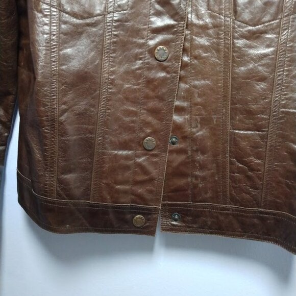Hugo Buscati Leather Trucker Jacket Vintage Retro 70s Sz Med* Brown Snaps Lined - Picture 8 of 16